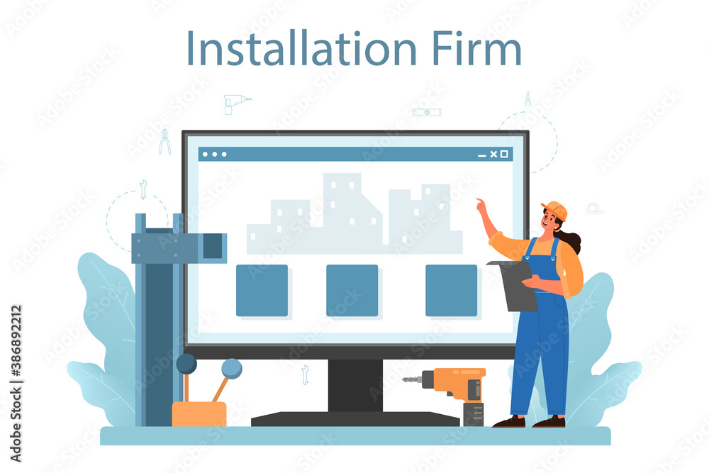 Poster installer online service or platform. worker in uniform installing constructions