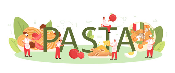 Pasta typographic header. Italian food on the plate. Delicious