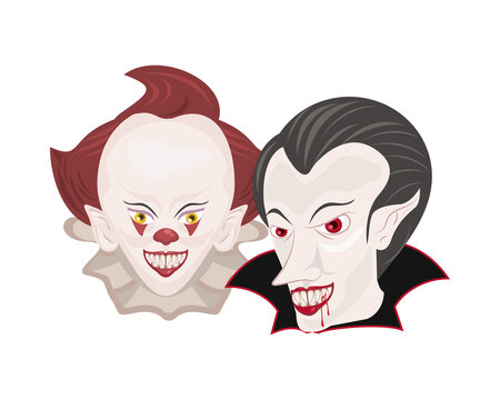 dark evil clown and dracula heads halloween characters