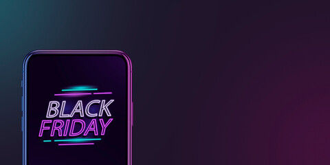 Device with neon lettering, black friday, sales, shopping concept. Flyer with copyspace. Cyber...