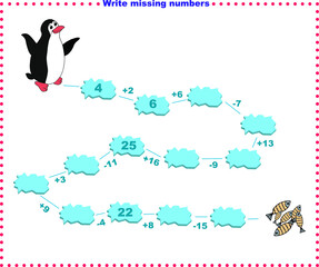 Math educational games for kids. Fill in the line, write the missing numbers. Solve the equation and help the penguin find the fish. 