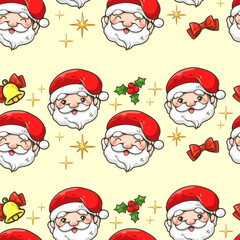 Seamless pattern illustration of Santa Claus smiling face, ribbon, bell, Christmas berry, and sparkle. Yellow background. Used for greeting card. Cute decoration for sticker, logo, pattern, and more.