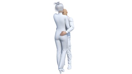 Romantic couple hugging while standing together with back to camera in white futuristic clothes