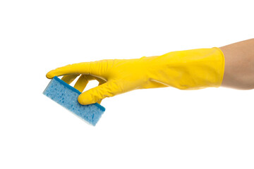 A hand in a yellow rubber glove holds a washing sponge isolated on a white background. House cleaning concept. .