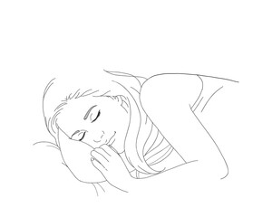 Vector hand drawn graphic illustration. Sexy pretty posing person, cartoon, sleep on its side and dream line art