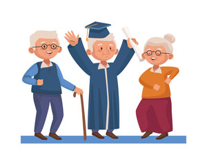 group of old people practicing activities characters