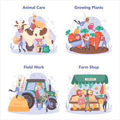 Farmer concept set. Farm worker on the field, watering plants and feeding