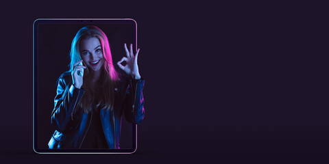 Beautiful woman inviting for shopping right from device screen, black friday, sales concept. Flyer....