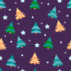 Obraz premium Seamless pattern multicolored Christmas trees, stars and snowballs on a blue-purple background. Christmas or winter ornament. Idea for packaging, textiles, baby linen and clothing.