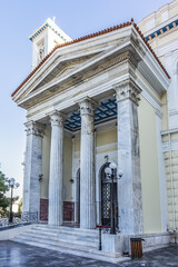 Greek Orthodox Church of St Nicholas (patron saint of Greek seamen) with twin towers and blue dome. Piraeus, Attica, Greece, EU.