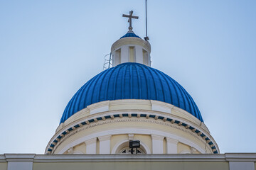 Fototapeta na wymiar Greek Orthodox Church of St Nicholas (patron saint of Greek seamen) with twin towers and blue dome. Piraeus, Attica, Greece, EU.