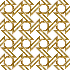 Abstract repeatable pattern background of golden twisted bands. Swatch of gold shapes plexus in polygons form. Seamless pattern in modern style.