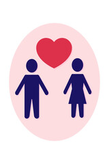 Symbols of a man and a woman with a heart between them. Couple in love. Minimalistic romantic poster