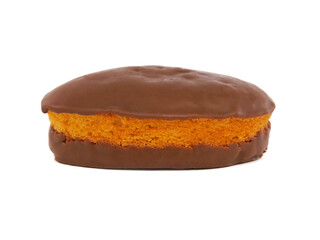 Single cake bar covered with chocolate isolated on white