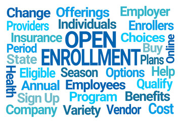 Open Enrollment Blue Word Cloud on White Background - 386898826