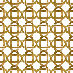 Abstract repeatable pattern background of golden twisted bands. Swatch of gold intertwined curved bands in links form. Seamless pattern in modern style.