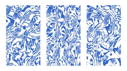 Nautical abstract background set with canvas rectangles. Vertical blue rippled water surface, illusion, curvature
