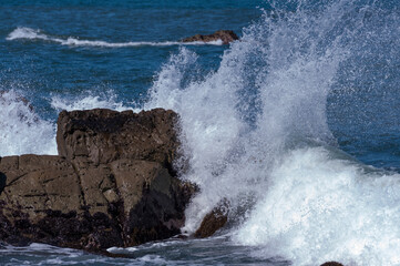 磯の岩に砕け散る白い波
