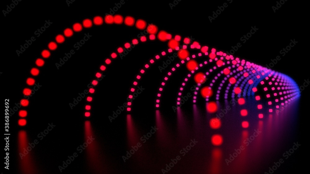Poster perspective view red and blue futuristic glowing light half circle tunnel led with floor reflection 