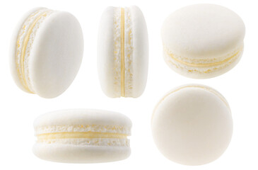 Isolierte weiße Macarons-Sammlung. Vanille- oder Kokosmakronen in verschiedenen Winkeln auf weißem Hintergrund