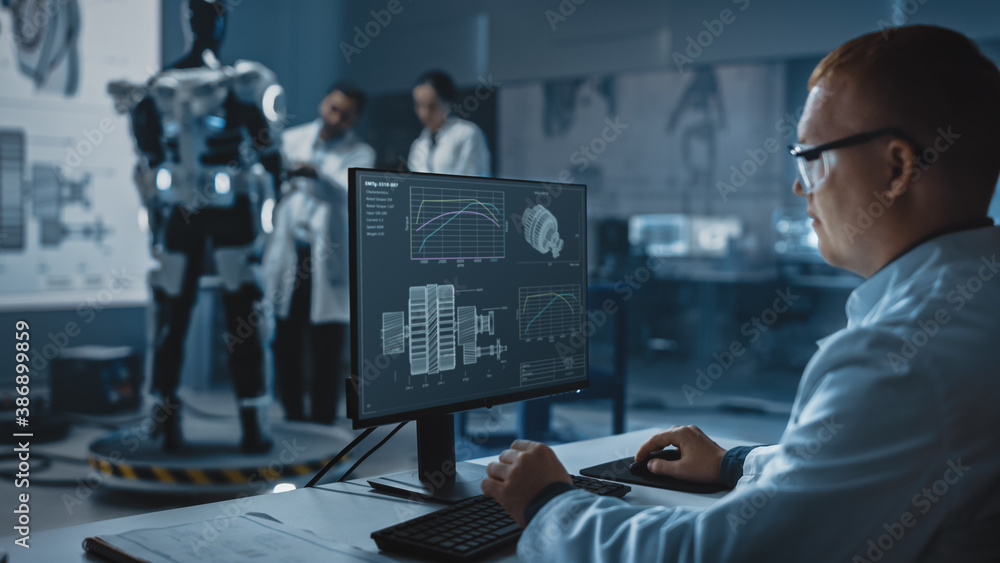 Leinwandbilder In Robotics Development Laboratory: Chief Analyst Uses Computer for Designing Powered Exosuit to Help Disabled People. Top Engeneers and Scientists Work on Bionics Exoskeleton Prototype.