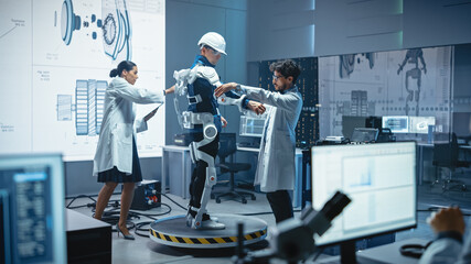In Robotics Development Laboratory: Engineers and Scientists Work on a Bionics Exoskeleton...