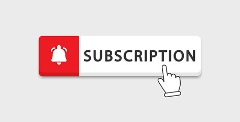 Subscribe button for social networks. Red button with hand cursor and bell to subscribe. Subscribe to the blog, video channel, and newsletter.