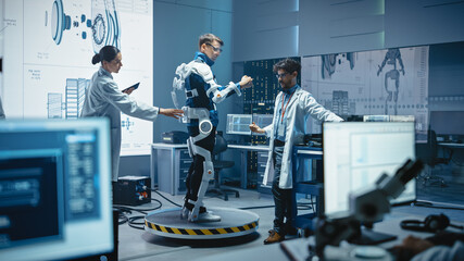 In Robotics Development Laboratory: Engineers and Scientists Work on a Bionics Exoskeleton...