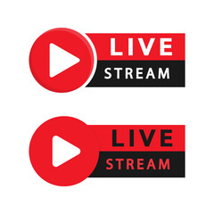 Live stream icon flat style with play button, for blog, broadcast, website, online radio, media labels, logo. Real time video stream icon symbol.