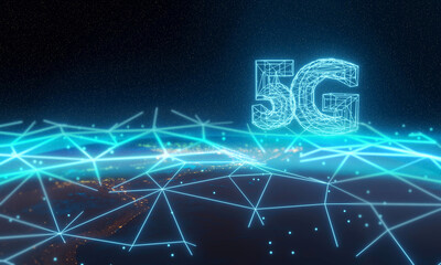 5G network digital hologram and internet  background.3D Rendering