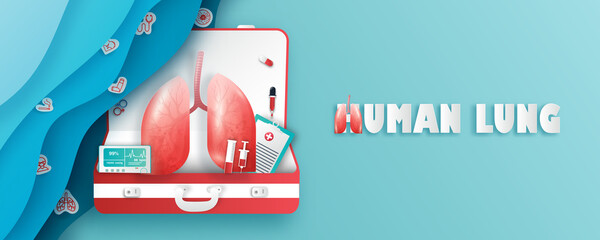 Human lung and treatment paper cut style. A concept hospital for wallpaper and web.