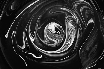 White abstract waves and swirls on black. Fluid Art. Abstract marble background or texture