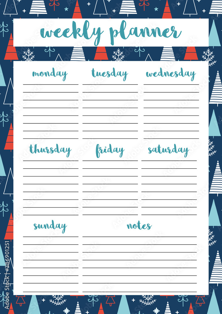 Wall mural weekly planner for diary, organiser, notebook. printable a4 planner. vector illustration.