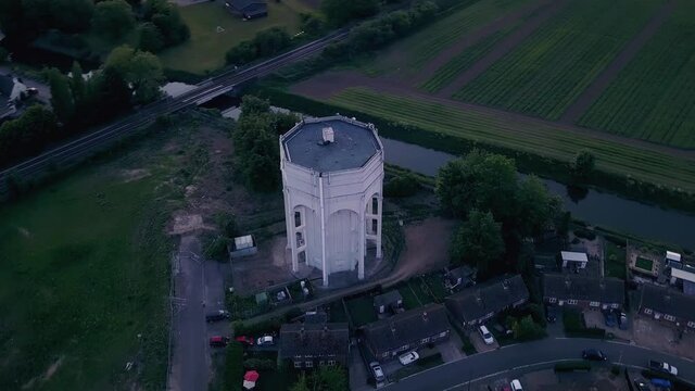 Pinchbeck Water Tower high altitude orbit showing surrounding fields and Spalding to Sleaford railway
