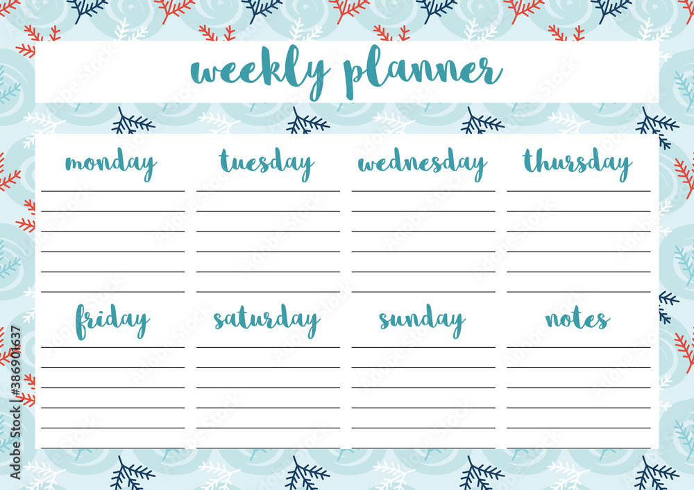 Wall mural weekly planner for diary, organiser, notebook. printable a4 planner. vector illustration.