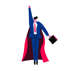 A businessman in an office suit flying upward with a suitcase and a red raincoat.