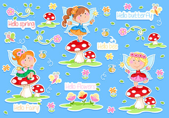 Hello spring - Lovely little spring fairies - Illustrations for kids - Isolated on the blue background - Set