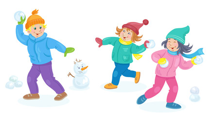 Obraz na płótnie Canvas Children in winter.Two little girls and funny boy are playing snowballs. In cartoon style. Isolated on white background. Vector flat illustration.