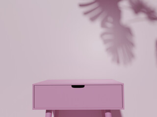 Empty pink table with soft pink wall and copy-space.  Display for women cosmetic perfume fashion products. 3D rendering