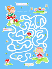 Hello spring - Lovely maze with cute fairies and bees - Find the way game and counting game - Suitable for preschool and school children