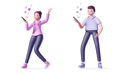Illustration of 3d man and woman with a smart phone and hearts