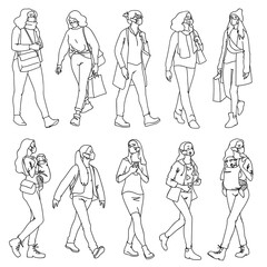 People in medical masks. Vector illustration of masked women set in linear style isolated on white background. Respiratory protection. Facial tissue to prevent diseases, flu, pollution. Woman walking.