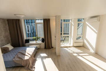 Interior of white and gray cozy bedroom