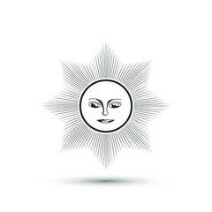 Sun with face icon. Thin line vector astrology Sun illustration. 10 eps design for logo, emblem, label, banner.