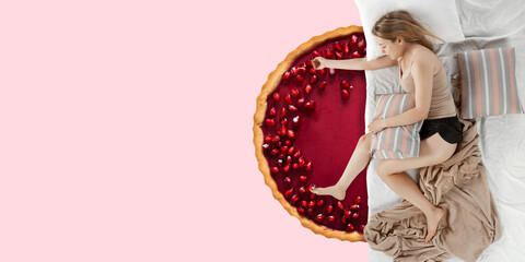 Portrait of a young caucasian girl sleeping in comfortable bed and dreaming about cake. Top view. Sweet dreams. Concept of food and drinks, phycology, humor. Copyspace for your ad. Artwork.