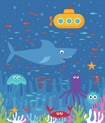 Underwater world illustration. Yellow submarine, shark, sea animals and fishes are swimming near coral reef