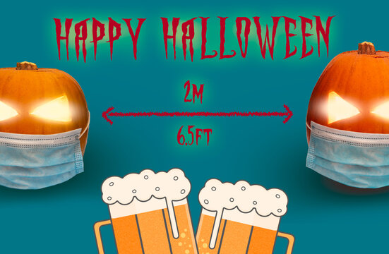 Cheers Halloween Beer Party With Spooky Pumpkins Wearing A Face Mask For COVID, Background For Halloween 2020, COVID-19