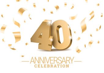 Anniversary 40. gold 3d dancing numbers. Poster template for Celebrating 40th anniversary event party. Vector illustration