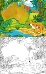 Cartoon sketch scene with dingo with continent map - illustration