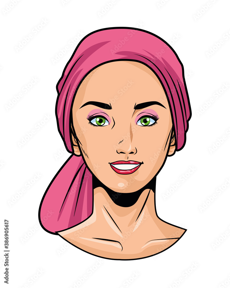 Poster cute young woman wearing head scarf head pop art style